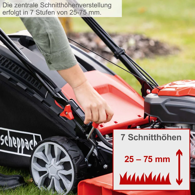 Grasmaaier Benzine met hybride start M225-56E - Zelfrijdend - Mulchfunctie - 56cm maaibreedte - Maaihoogte in 7 stappen verstelbaar: 25-75mm - 4-takt - 224cc - 6pk - Voor tuinen tot 2200m² - met 65L opvangbak by Scheppach – product image 3 of 5