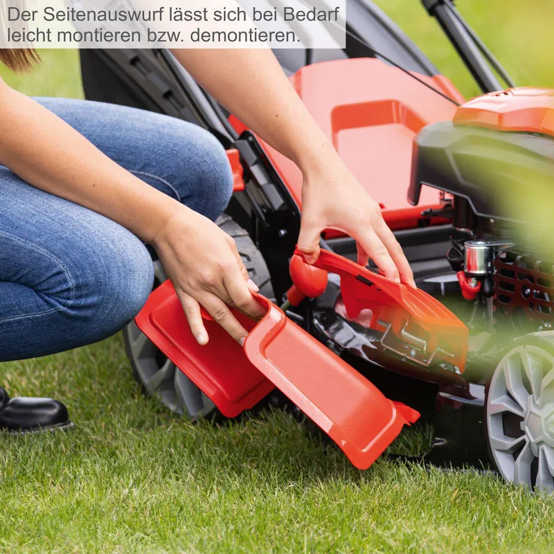Grasmaaier Benzine met hybride start M225-56E - Zelfrijdend - Mulchfunctie - 56cm maaibreedte - Maaihoogte in 7 stappen verstelbaar: 25-75mm - 4-takt - 224cc - 6pk - Voor tuinen tot 2200m² - met 65L opvangbak by Scheppach – product image 4 of 5