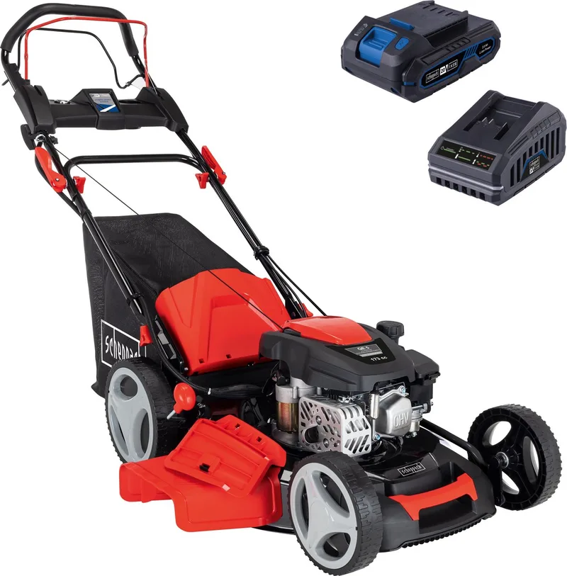 Grasmaaier Benzine met hybride start MS173-51E - Zelfrijdend - Mulchfunctie - 51cm maaibreedte - 4-takt - 173cc - 4,1pk - Voor tuinen tot 1600m² - met 65L opvangbak by Scheppach – product image
