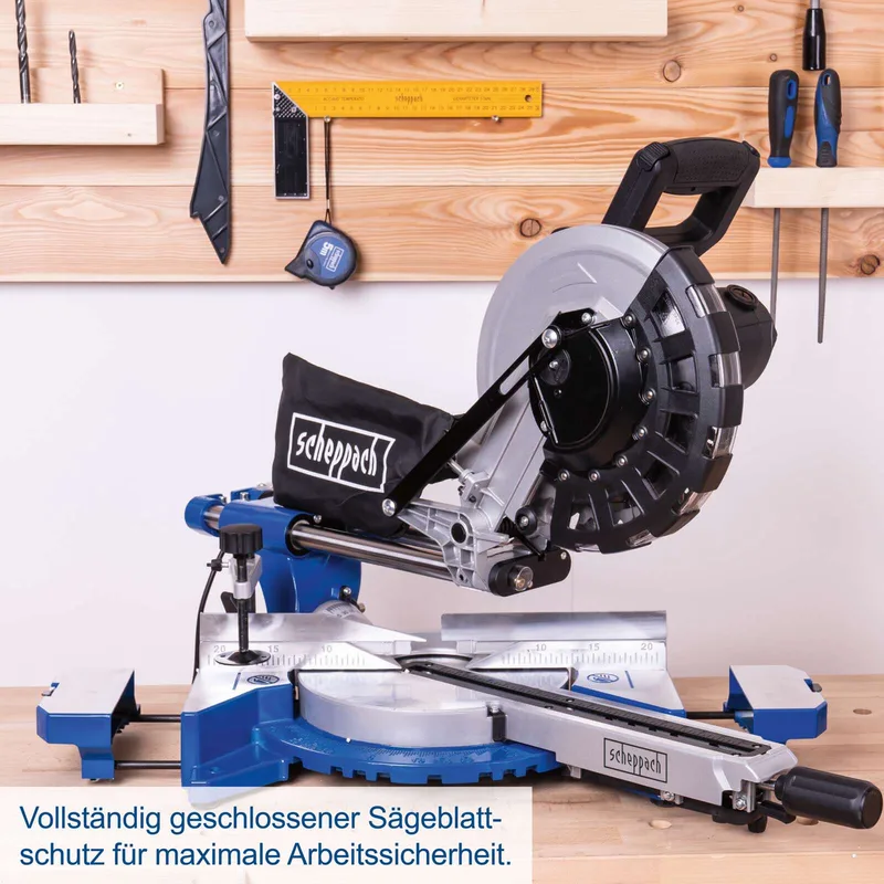 HM254 Afkortzaag 2000W - kapzaag - verstekzaag - Ø255mm - 4500 r/min - Kantelbaar (0-45°) - Incl. laser en incl. 2 zaagbladen de Scheppach – image du produit 5 sur 5