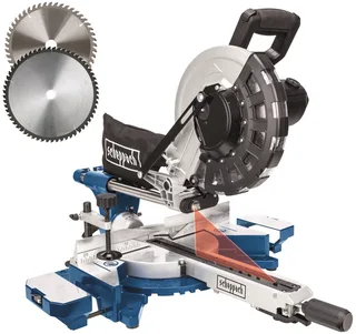 HM254 Afkortzaag 2000W - kapzaag - verstekzaag - Ø255mm - 4500 r/min - Kantelbaar (0-45°) - Incl. laser en incl. 2 zaagbladen de Scheppach – image du produit 1 sur 5