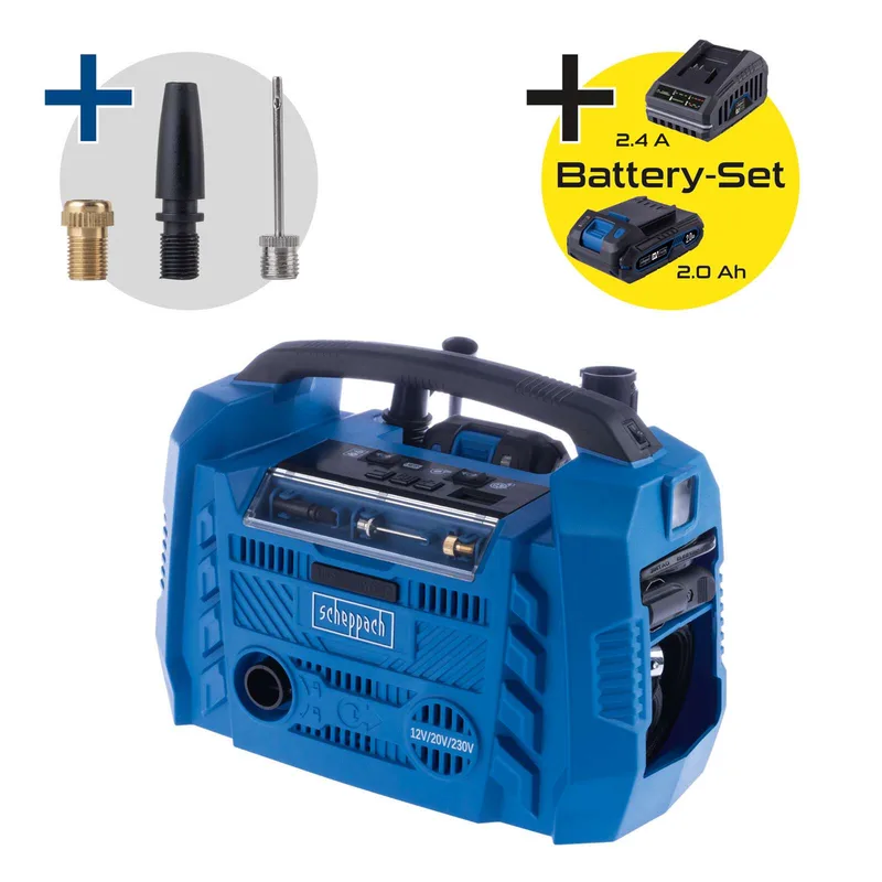Hybrid-Kompressor Airforce 6 Scheppach - 10,3bar | ölfrei | 2 USB-Anschlüsse | 3 Antriebsarten | inkl. 2Ah Akku + 2,4A Ladegerät by Scheppach – product image 2 of 5