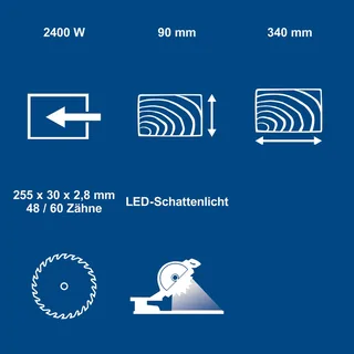 Kapp-, Zug- und Gehrungssäge HM254SPX Scheppach - inkl. 2. Sägeblätter 48Z / 60Z | 2400W | 340mm Schnittbreite | 90mm Schnitthöhe | LED-Schattenlicht by Scheppach – product image 4 of 5