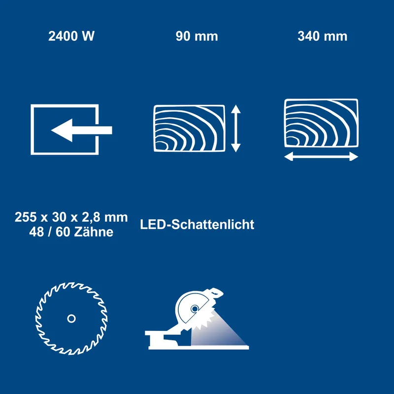 Kapp-, Zug- und Gehrungssäge HM254SPX Scheppach - inkl. 2. Sägeblätter 48Z / 60Z | 2400W | 340mm Schnittbreite | 90mm Schnitthöhe | LED-Schattenlicht by Scheppach – product image 4 of 5