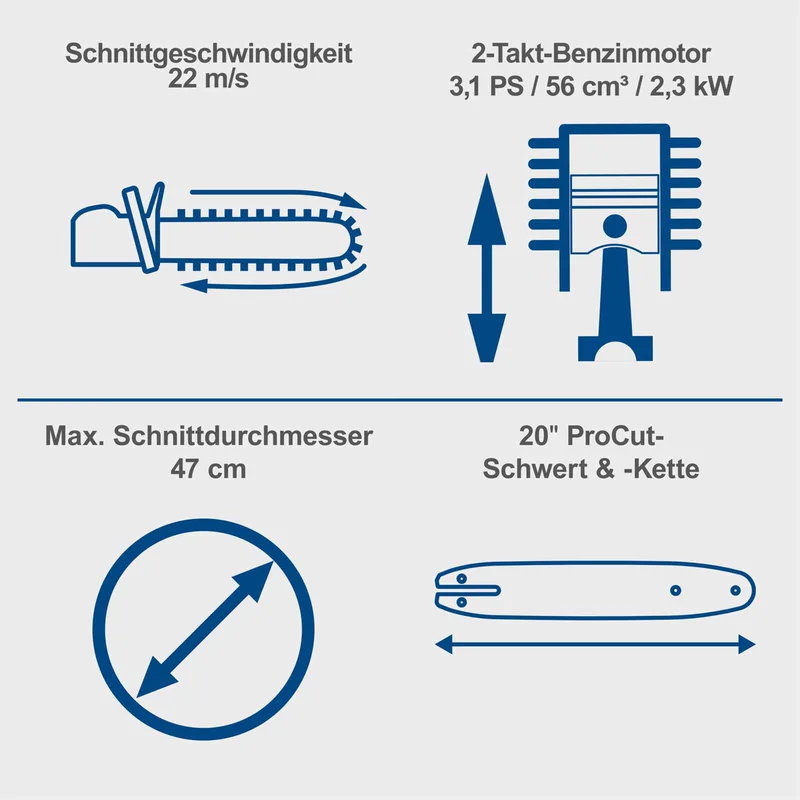 Kettingzaag Benzine PCS56E - 56cc 2-takt - 3.1pk/2.3kW - 51cm zaagblad - 47cm zaagdiameter - Incl. 20V accu + lader voor elektrische Easy Start von Scheppach – Produktbild 5 von 5