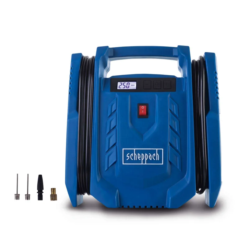 Kompressor Airforce 7 SC Scheppach - 230V & 12V Anschluss | 8 bar Arbeitsdruck | 24L/min | ölfrei & mobil | LCD Display | inkl. Reifenfüller & Adapter by Scheppach – product image 1 of 5