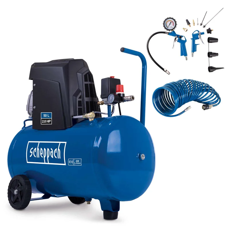 Kompressor HC63 Scheppach - 1500W | 220L/min Ansaugleistung | 50L Kessel | 10bar | ölgeschmiert | inkl. 10m Druckluftschlauch & 13tlg. Zubehör von Scheppach – Produktbild 1 von 5