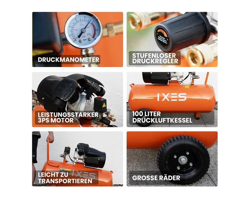 Kompressor IXES Kompressor 100L Luftkompressor 10 bar Druckluft 3PS 412L/min, 2200 W, max. 10 bar, 100 l van Scheppach – productafbeelding 3 van 5