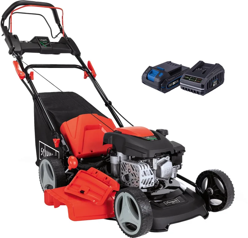MS150-46E Benzine grasmaaier - 150cc - 9PK - 46cm maaibreedte - in maaihoogtes instelbaar: 25-75mm - 55L opvangbak (met accu) by Scheppach – product image