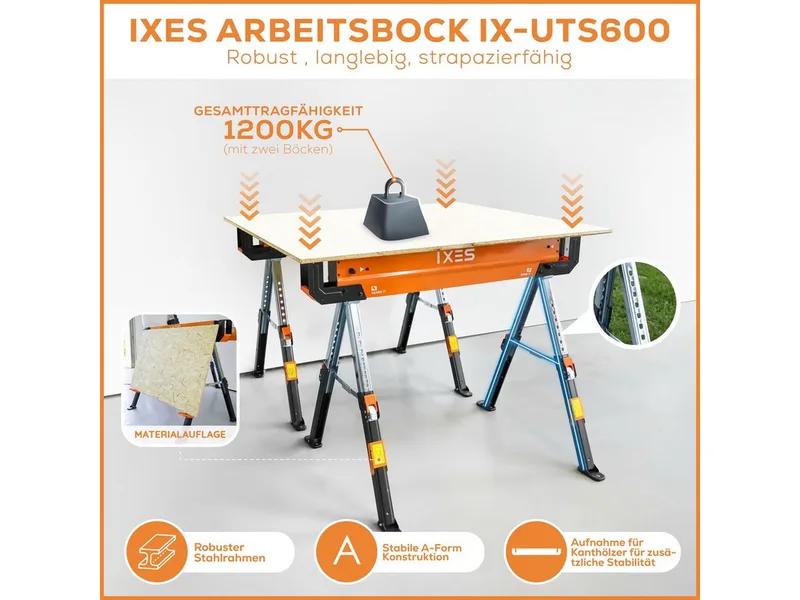 Sägebock IXES Arbeitsbock Sägebock Unterstellbock Gerüstbock Klappbock 600 kg, 600 kg max. Belastbarkeit, (1-St) by Scheppach, Orange – product image 2 of 5