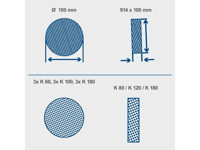 Schleifband 7903302601, (Set, 12 St., Körnung Runschleifpapier K60, K100, K180), Rundschleifpapier Ø 150 mm und Schleifband 914 x 100 mm von Scheppach, Braun, Rot – Produktbild 2 von 2