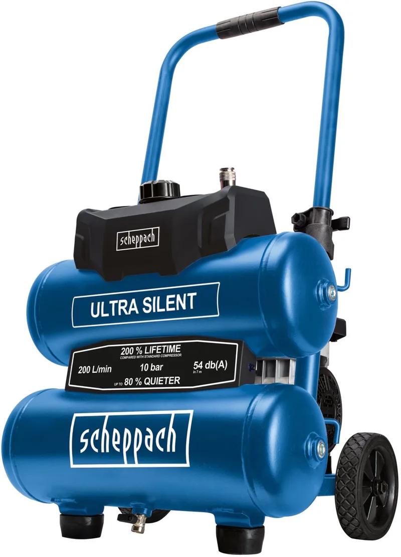 Super Stille Compressor HC20Si-Twin - 10 bar - 20L - 800W - Slechts 54 dB - olievrij by Scheppach, Blue – product image 1 of 5