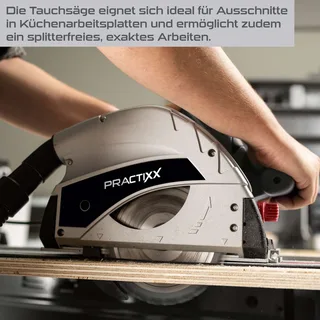 Tauchsäge PX-TS-55 Practixx - 1200W | 55mm Schnitttiefe | 0-45° Schrägstellung | Kippschutz | inkl. 3x 500mm Führungsschienen & 2. Sägeblatt (24Z/48Z) de Scheppach – image du produit 5 sur 5