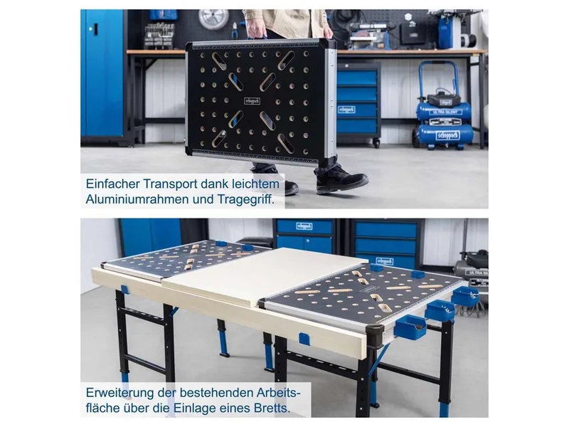 Werkbank MWB150, (Set), Arbeitshöhe 5fach verstellbar, Traglast bis 450kg, klappbar von Scheppach, Blau – Produktbild 5 von 5