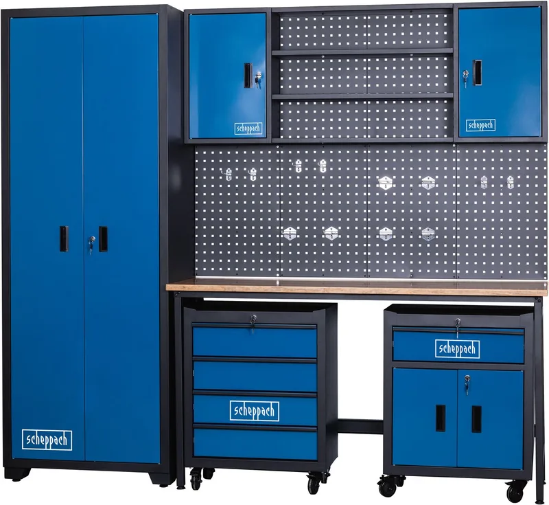 Werkplaats Inrichting GWS08 – Complete Werkplaatsset met Werkbank, Gereedschapswand, Opbergkasten & Ladekasten – Garage en Werkplaats – 236 cm Breed de Scheppach – image du produit 1 sur 5