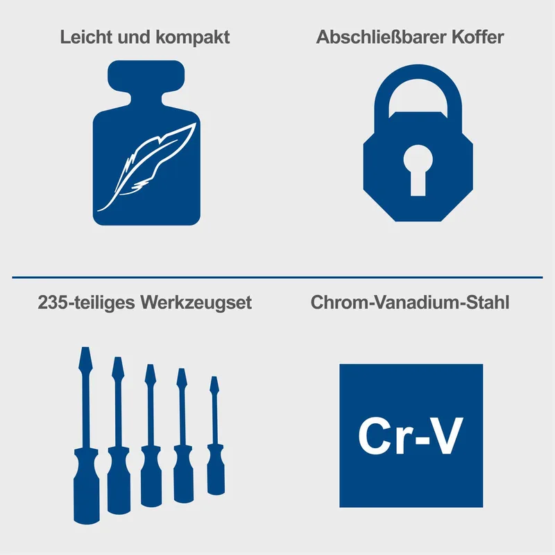 Werkzeugkoffer TB225 Scheppach - 235 tlg. Werkzeugset | Aluminium Koffer | mit Schraubenschlüssel, Hammer, Zange, Schraubenzieher uvm. | Werkstatt von Scheppach – Produktbild 3 von 5