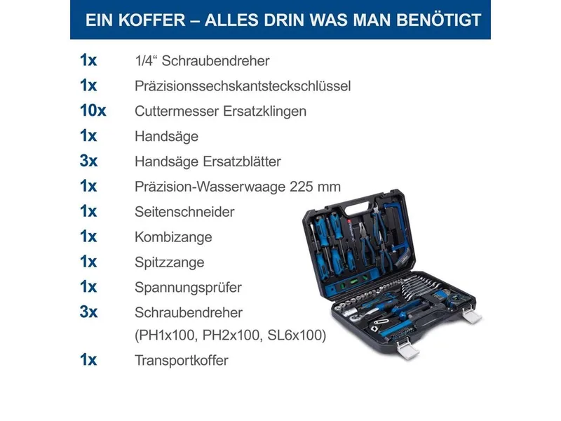 Werkzeugset WZK120, (Set, 97-tlg., Werkzeuge mit gummiertem Griff), im stabilem Kunststoffkoffer van Scheppach, Blauw, Zwart – productafbeelding 5 van 5