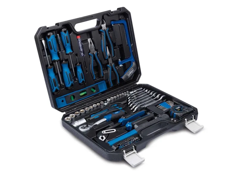 Werkzeugset WZK120, (Set, 97-tlg., Werkzeuge mit gummiertem Griff), im stabilem Kunststoffkoffer van Scheppach, Blauw, Zwart – productafbeelding 1 van 5