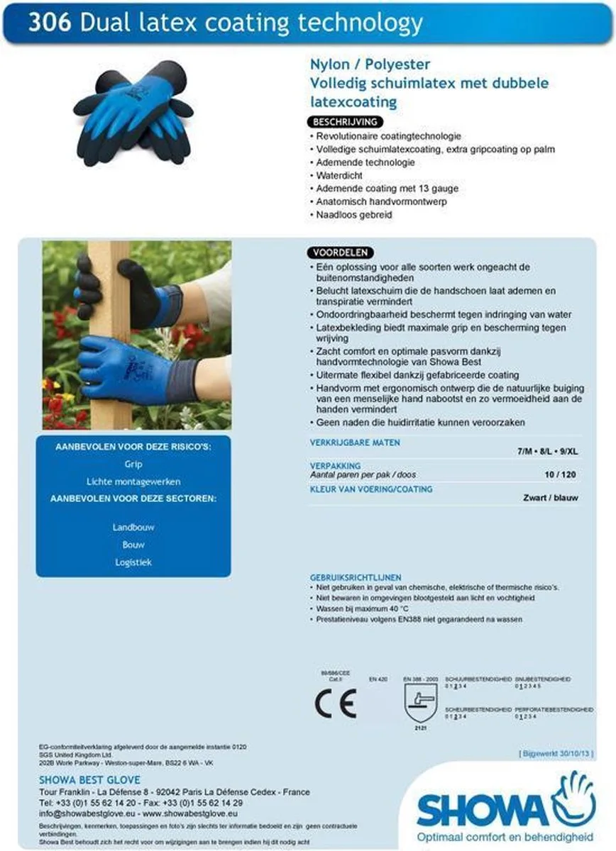 Showa - 306- handschoen paar van Showa, Blauw zwart, 7/M X 10 – productafbeelding