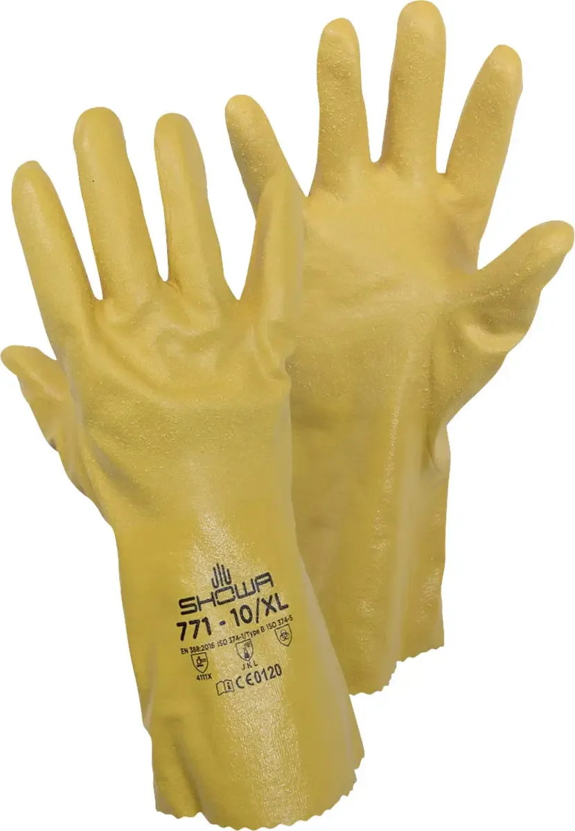 Showa 4707 771 Chemicaliënhandschoen Katoentricot, Polyester, Nitril Maat (handschoen): 9, L EN 388:2016, EN 374-1:2016/ Typ B, EN 374-5:2016 ISO de Showa, Jaune, L – image du produit