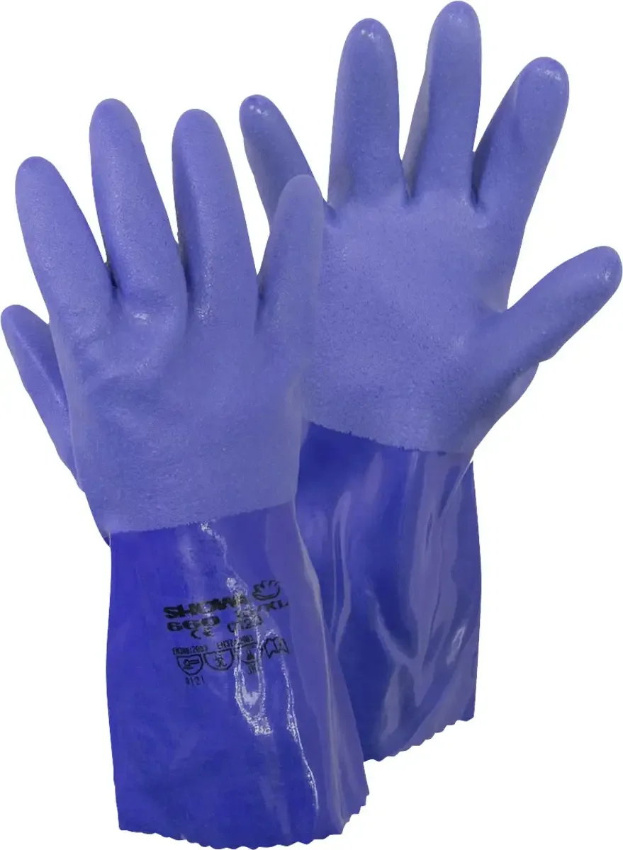 Showa 4708 660 Chemicaliënhandschoen Katoenweefsel, PVC Maat (handschoen): 9, L EN 388:2016, EN 374-1:2016/ Typ B, EN 374-5:2016 ISO 374-1:2016/ Typ B de Showa, Bleu, L – image du produit