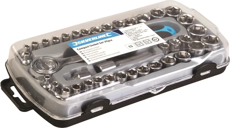 Compacte dopsleutelset - 39-delig - metrisch en imperiaal - met opbergkoffer von Silverline, Chrom – Produktbild