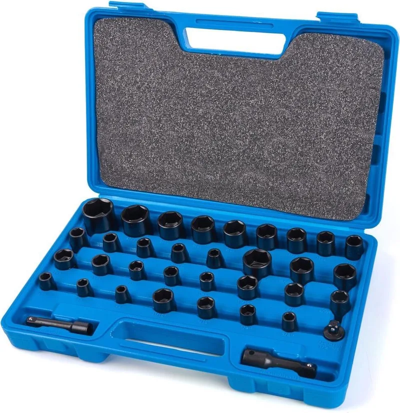 Krachtdoppen set - 35-delig - mat zwart - metrisch en imperiaal - chroom vanadium van Silverline, Blauw – productafbeelding
