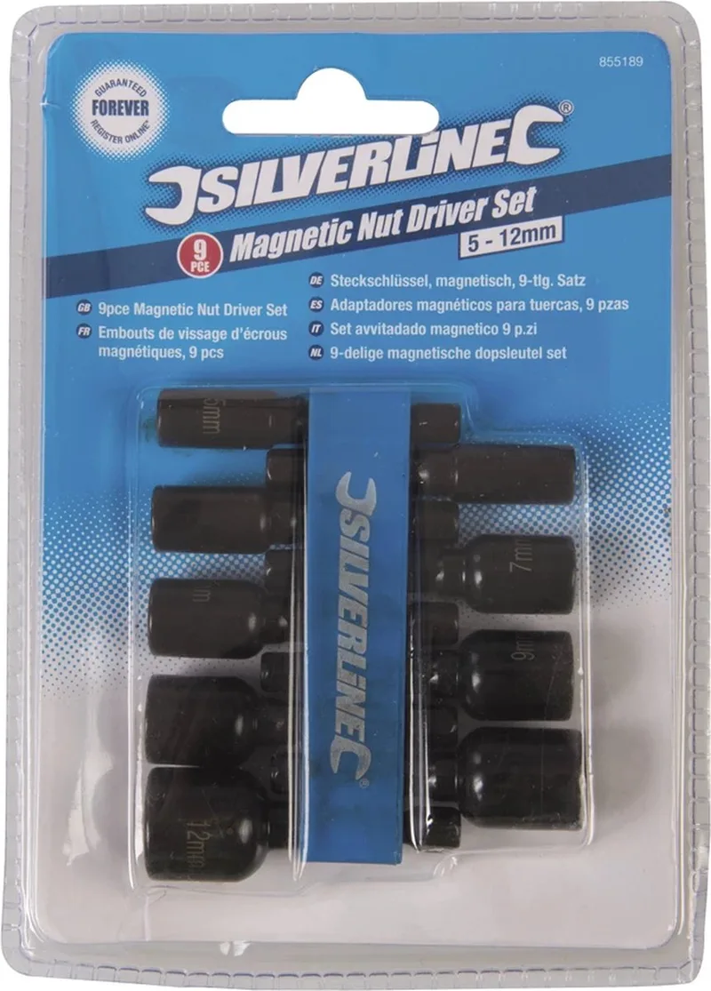 Magnetische dopsleutelset - 9-delig - 5 t/m 12 mm - chroom vanadium staal van Silverline, Zwart – productafbeelding