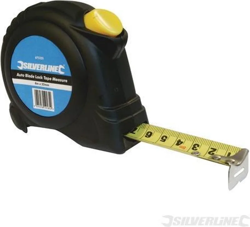 Rolmaat met blokkeerknop - 8 meter - 25 mm - automatische vergrendeling - riemclip de Silverline, Jaune – image du produit