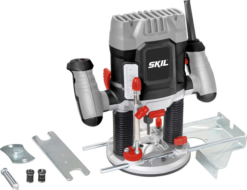Bovenfrees 1200W - Freesmachine - Vingerfrees - Spantangen 6, 6,35 & 8mm - Freesdiepte 55mm - Variabele Snelheid - Alle Materialen - Met Breedtegeleider, Centreerpen & Kopieerring von Skil, Schwarz – Produktbild