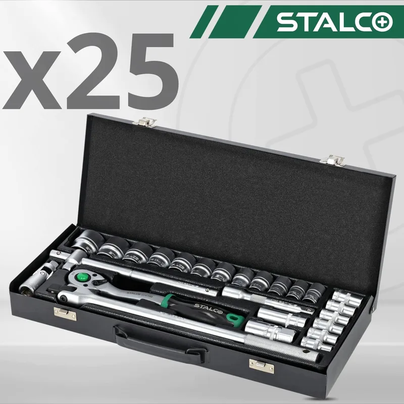 Doppeldoppen Set 1/2" 25 Delig met 90T Ratel in Koffer van Stalco – productafbeelding