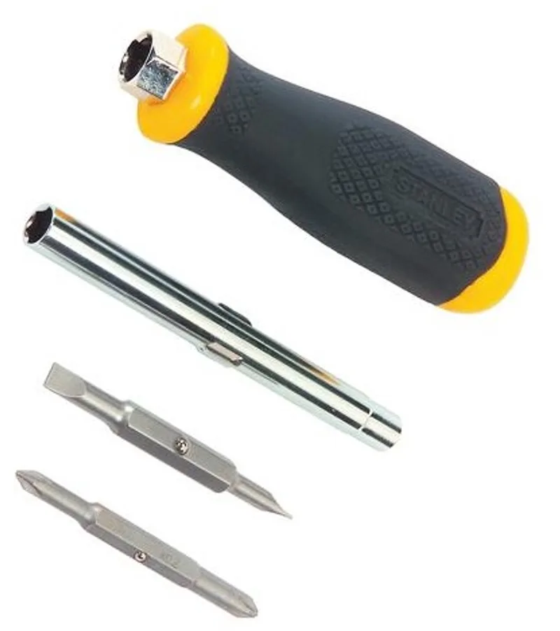 0-68-012 Multi-bit Schroevendraaier – 6-in-1 – Soft-Grip Handgreep – Inclusief Phillips, Gleuf en Moerdoppen von Stanley, Schwarz, Gold – Produktbild