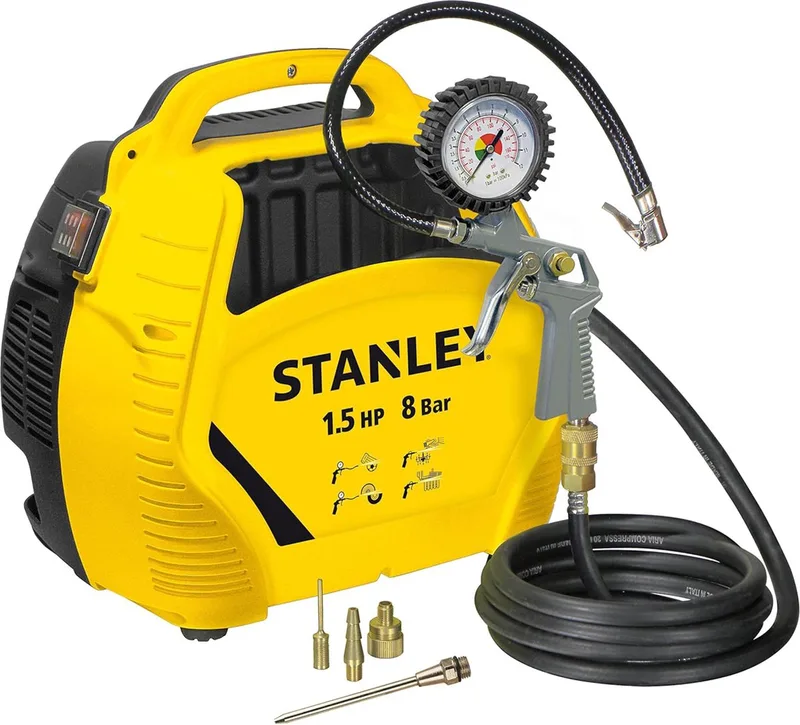 Compressor 8Bar - Luchtcompressor Olievrij met Luchtgereedschap - Compressoren Set Incl. Luchtslang 3M, Luchtpistool met Drukmeter en 3 Mondstukken von Stanley, Gelb – Produktbild