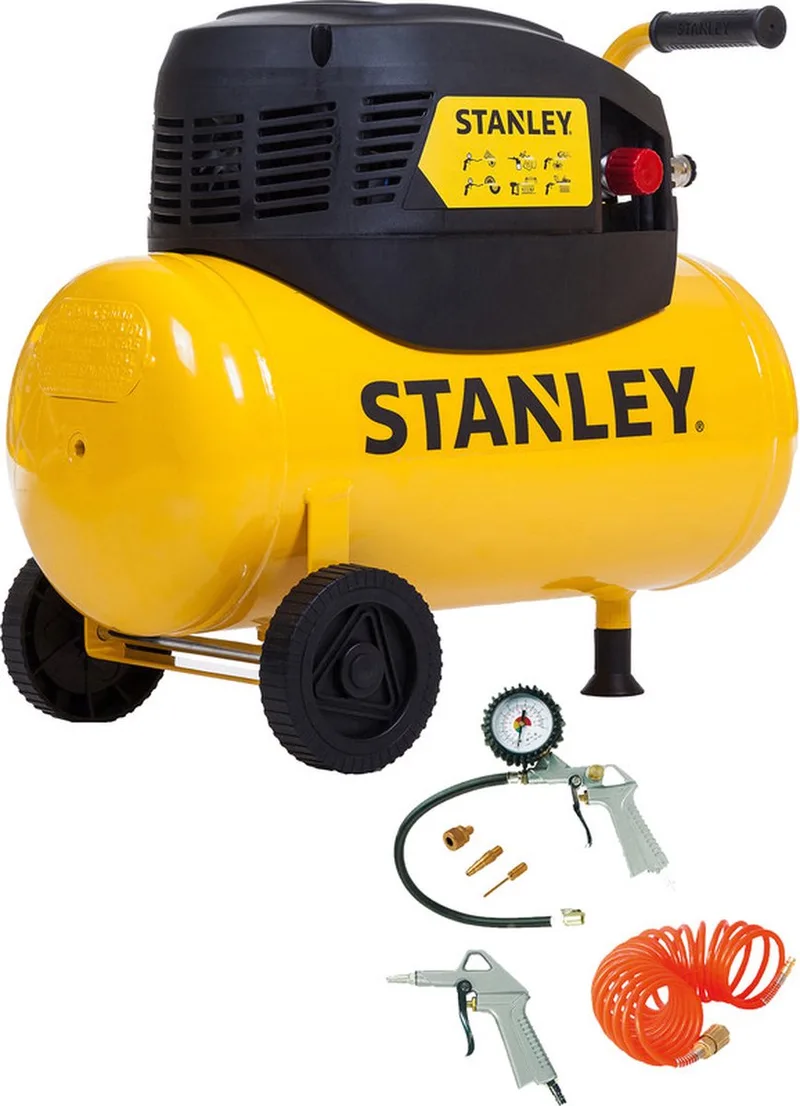 Compressor D200/8/24 Incl. 6 Accessoires - Luchtcompressor 8 Bar - 24L - Incl. Luchtpistool, Opblaaspistool, Spiraalslang 5M en 3 Opzetstukken van Stanley, Geel – productafbeelding