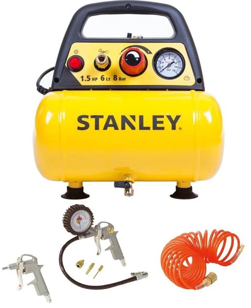Compressor DN200/8/6 – inclusief 6-delige Accessoire set van Stanley, Geel, Zwart – productafbeelding 1 van 5