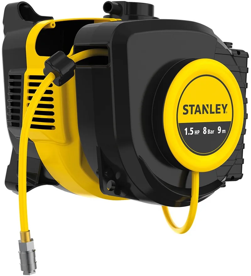 Compressor, olievrije luchtcompressor met zelfoprollende kabelhaspel, muurbevestiging, 1.5 pk, 8 bar, zonder tank by Stanley, Yellow – product image