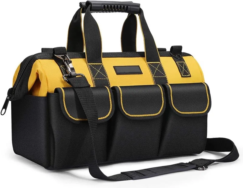 Gereedschapstas 17-inch, Organiseer, 36× 17 × 25 cm gereedschapstas, muti-purpose brede open mond tool opbergtas met verstelbare schouderriem gereedschapstas organizer voor thuis doe-het-zelf en apparatuur opslag met schouderriem van Stanley, Geel – productafbeelding