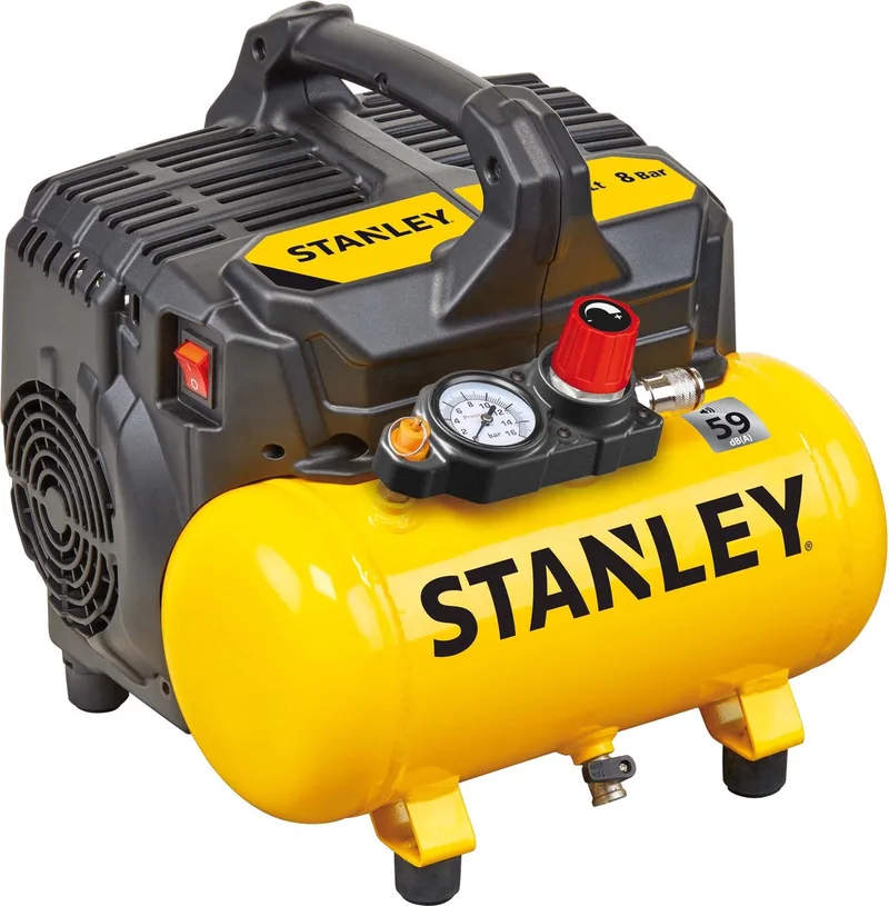 Silent Compressor DST 100/8/6 - Luchtcompressor 8Bar - Luchtpomp met Tankcapaciteit 6L - Zuigcompressor Olievrij 105L/Min - Met Handvat en Anti-Slip Voeten - Geschikt voor Luchtgereedschap de Stanley, Jaune, Noir – image du produit
