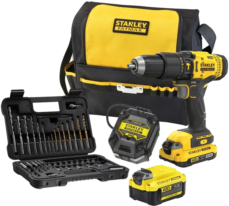 V20 18V Brushless Schroef-/klopboormachine + Rolmeter, Waterpas en Bitset in koffer (met 2x 2.0Ah accu en lader) SFMCK101D2T-QW van Stanley – productafbeelding