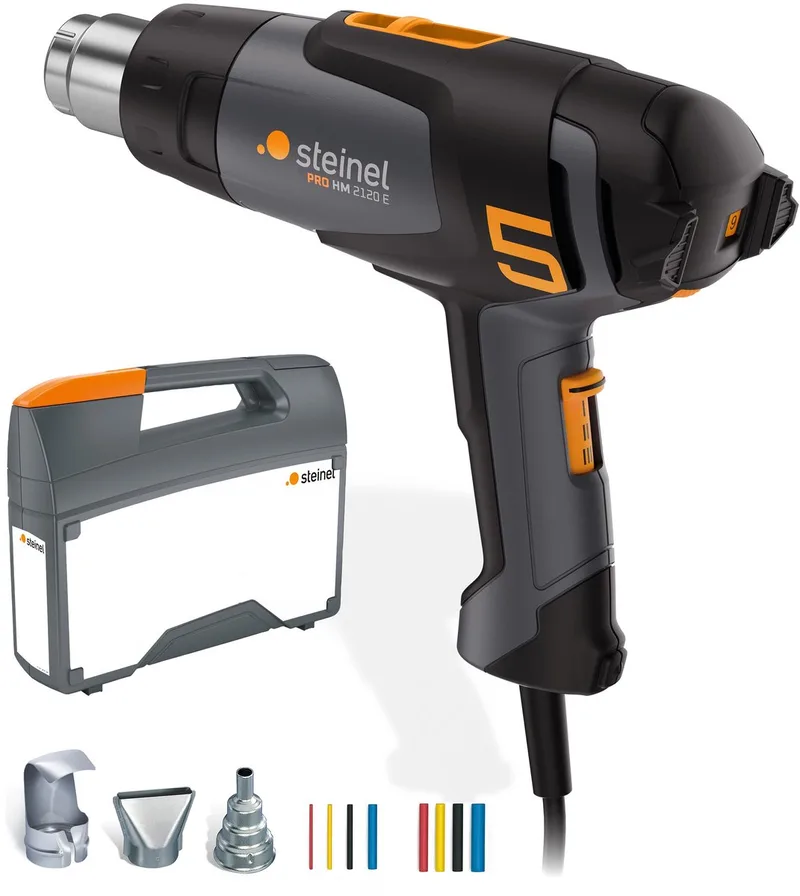 Heteluchtpistool HM 2120 E - 2200W - Verfafbrander - Temperatuur instelbaar van 80-630°C - Luchtvolume instelbaar van 150-500l/min - incl. koffer en diverse mondstukken van Steinel – productafbeelding