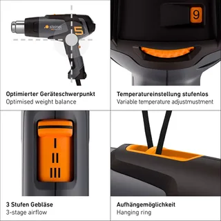 Heteluchtpistool HM 2120 E - 2200W - Verfafbrander - Temperatuur instelbaar van 80-630°C - Luchtvolume instelbaar van 150-500l/min van Steinel – productafbeelding 4 van 6