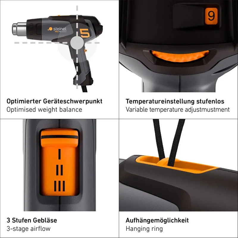 Heteluchtpistool HM 2120 E - 2200W - Verfafbrander - Temperatuur instelbaar van 80-630°C - Luchtvolume instelbaar van 150-500l/min van Steinel – productafbeelding 4 van 6