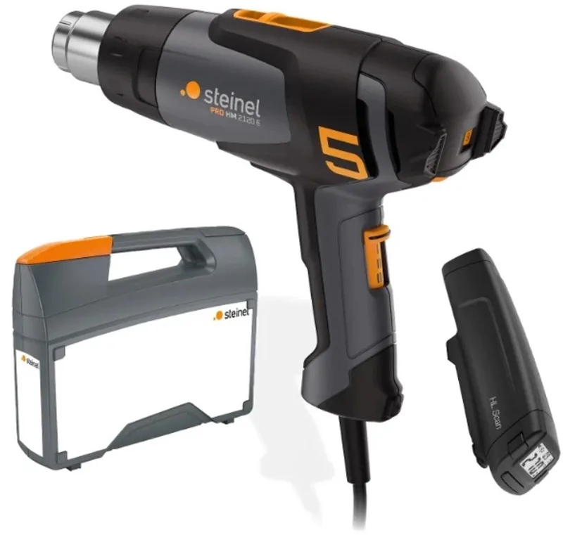 Heteluchtpistool HM 2120 E met HL Temperatuurscanner - 2200W - Verfafbrander - Temperatuur instelbaar van 80-630°C - Luchtvolume instelbaar van 150-500l/min - 7,5m snoer - Voor carwrappers & sign-makers van Steinel – productafbeelding