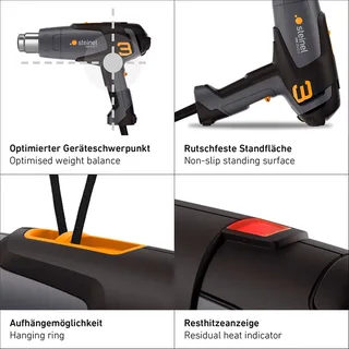 Heteluchtpistool HM2020E - 2200W - Verfafbrander - Temperatuur instelbaar van 80-630°C - Luchtvolume instelbaar van 150-500l/min - 2,2m kabel van Steinel – productafbeelding 4 van 6