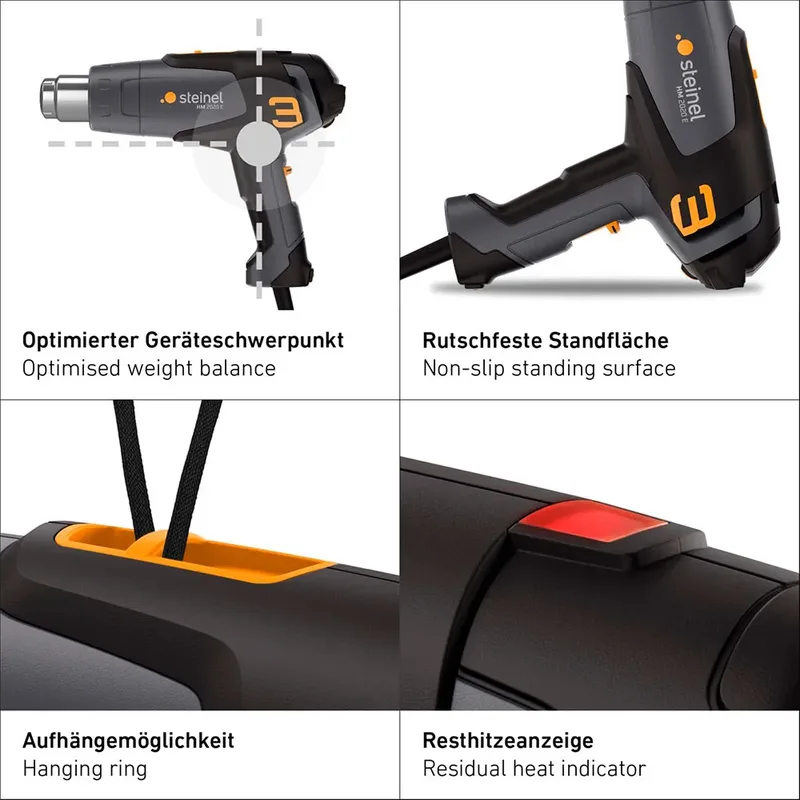 Heteluchtpistool HM2020E - 2200W - Verfafbrander - Temperatuur instelbaar van 80-630°C - Luchtvolume instelbaar van 150-500l/min - 2,2m kabel van Steinel – productafbeelding 4 van 6