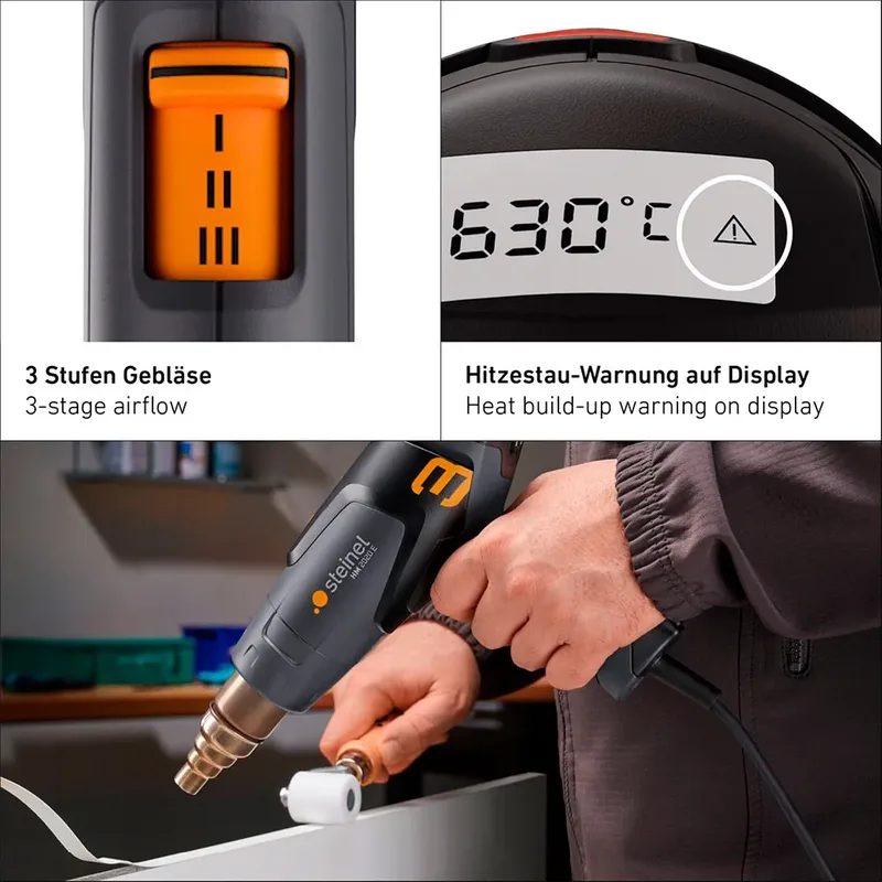 Heteluchtpistool HM2020E - 2200W - Verfafbrander - Temperatuur instelbaar van 80-630°C - Luchtvolume instelbaar van 150-500l/min - 2,2m kabel van Steinel – productafbeelding 5 van 6