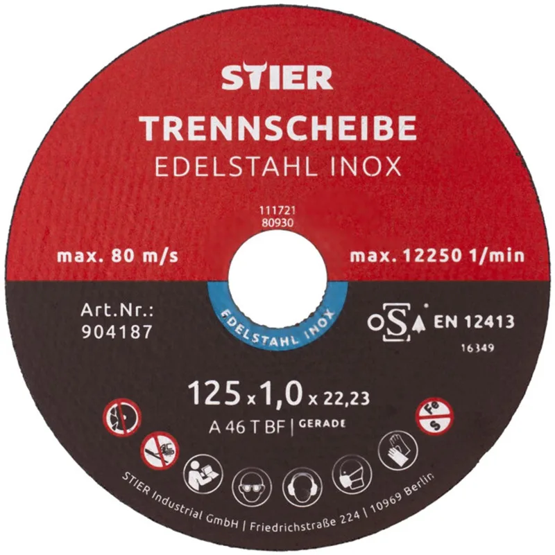 doorslijpschijf voor roestvrij staal/INOX, metaal, staal, Ø flex schijf: 125 x 1,0 x 22,23 mm, recht, set met 25 stuks, voor haakse slijper van Stier – productafbeelding