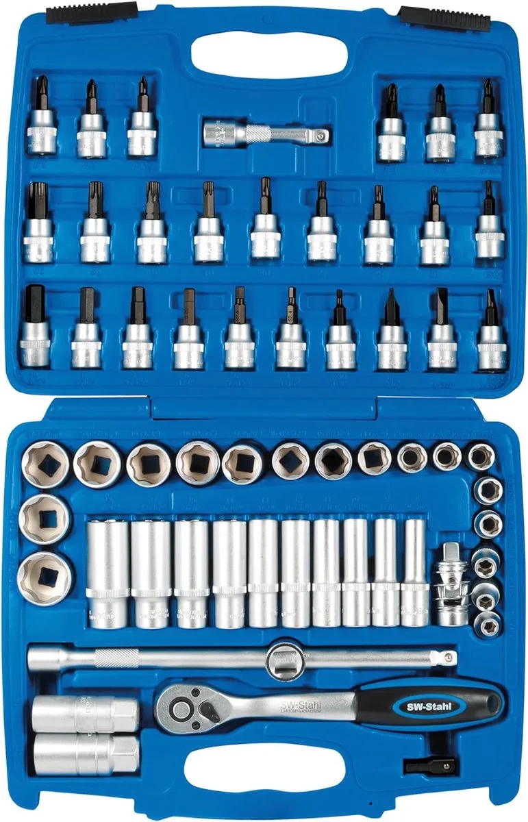 S2229 dopsleutelset 3/8 inch 61-delig I Rateldoos I Rateldoos I Moerdoos I Zeskantdoppen van chroom-vanadiumstaal von SW-Stahl, Silber – Produktbild