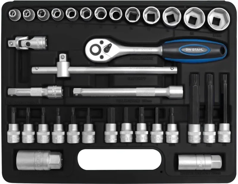 SW-Stahl 06520L Dopsleutelset 3/8 inch 34-delig I Rateldoos I Rateldoos I Moerendoos met fijnvertande ratel I Zeskantige doppen by SW-Stahl, Black – product image