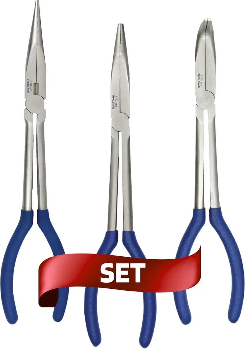 SW-Stahl 40710L 3-delige punttangset I punttangset I extra lange punttang 310 mm I tang recht / 45° / 90° gebogen I voor lastige plekken fra SW-Stahl, Blå – produktbillede